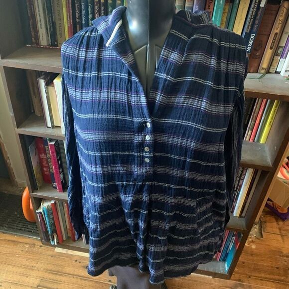 Free People hooded S blue striped boho beachy oversized top - Picture 1 of 4